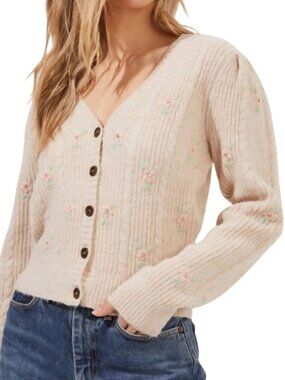 ASTR The Label Tea Party Cardigan Blush Flower Embroidered Rhinestone Size M